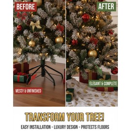 90cm Christmas Tree Skirt, Fluffy Soft White Fluff & Golden Print, Colorful and Eye-catching, High Warmth Retention Xmas Tree Mat for Home, Party, Outdoor Christmas and New Year Celebration