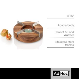 AdHoc Tuto Decorative Teapot and Food Warmer - Portable Food Warmer for Camping and Traveling - Buffet Server and Warmer - Candle Food and Teapot Warmer - Acacia, 6.25"