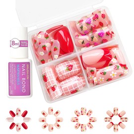 Mrltau 96 Pcs Cute Fingernägel zum Aufkleben Kinder Mädchen, Süße Künstliche Nägel zum Aufkleben, Erdbeer Design, Kurz Fake Nails, Press on Nails for Kids, Künstliche Fingernägel Geschenk
