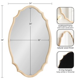 Kate and Laurel Leanna Wooden Scalloped Oval Mirror, 24 x 36, Natural Wood, Traditional Scalloped Mirror for Use as Bathroom Mirror for Over Sink or Entryway Mirror Decor Option