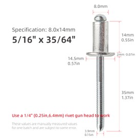 20Pcs 5/16 "(0.31in, 8mm) Aluminum Blind Pro Rivets, Aluminum Grip and Steel Mandrel, Industrial Grade Heavy Duty (5/16"x35/64")