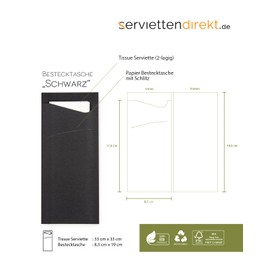 PRIME GUEST Cutlery Bags with Napkin 85 x 190 mm 2-Ply Tissue Napkin in White Napkins Bags Ideal for Catering and Celebrations (Black, Pack of 100)