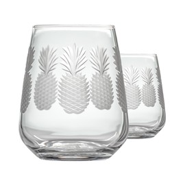 Rolf Glass Fresh Pineapple Stemless Wine Glass | 15.75oz Stemless Tumblers | Lead-Free and Diamond-Wheel Engraved | Tropical Coastal Etched Glassware with Pineapple Design | Set of 2