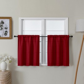 Lecloud Bessie - Cortinas de cocina rojas de 24 pulgadas de largo, 2 piezas, cortinas cortas con textura de lino sintético navideño, filtrado de luz, niveles transpirables con bolsillo para barra para