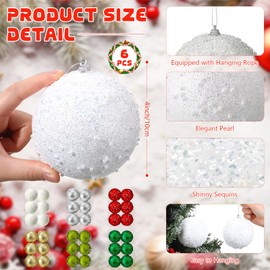 Vercraft 6 Pieces 4 Inch Sequin Christmas Balls Ornaments Shatterproof Xmas Tree Balls Glitter Foam Ball Decorative Baubles Set Hanging Balls for Christmas Holiday Party Decor(White)