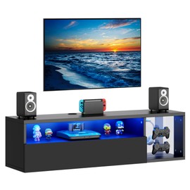soges LED TV Stand, Wall Mounted TV Table with Cable Management, Floating TV Stand Entertainment Centre, LED TV Cabinet Media Console TV Cabinet with Door for Living Room, Bedroom, Black