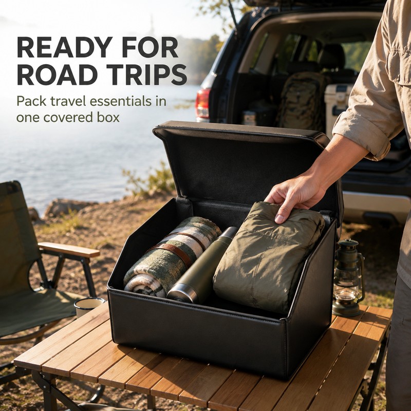 Medium Collapsible PU Leather Car Trunk Organizer with Lid &