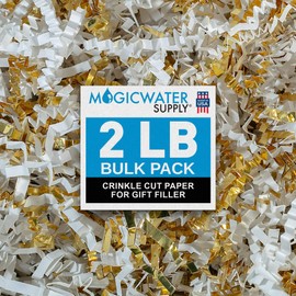 MagicWater Crinkle Cut Paper for Gift Baskets - 2LB - White & Gold - Perfect for Shredded Paper Filler, Basket Filler, Gift Boxes, Bridesmaid Gifts, Halloween Stuffers & More – Ideal for All Occasions