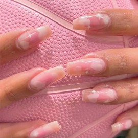 24 Pcs Press on Nails Heart Fake Nails Cute False Nails Long Coffin Full Cover Acrylic French Manicure for Women Girls (Heart Fake Nails-M)