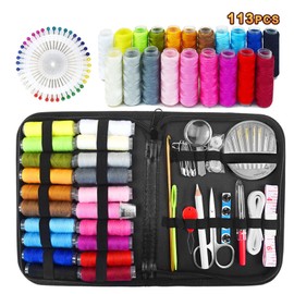 Kit de costura para viajes a casa de emergencia y fácil de usar para adultos principiantes, 113 piezas, incluye tijeras, dedal, hilo, agujas de coser, cinta métrica, etc.