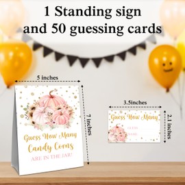 Thanksgiving How Many Candy Corns Are In The Jar - 1 Standing Sign & 50 Guessing Cards - Autumn Pumpkin Party Game & Decoration For Boys, Girls, Adults - Baby Shower, Birthday Game Set - A02