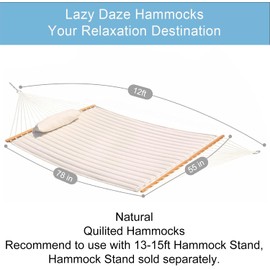 Lazy Daze Hammocks 12 FT Double Quilted Fabric Hammock with Spreader Bar and Detachable Pillow, 2 Person Hammock for Outdoor Patio Backyard Poolside, 450lbs Weight Capacity, Natural