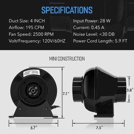 iPower GLFANXINLLITE4FILT4M 4 Inch 195 CFM Inline Duct Ventilation Fan Air Circulation Vent Blower and 4" Air Carbon Filter Combo