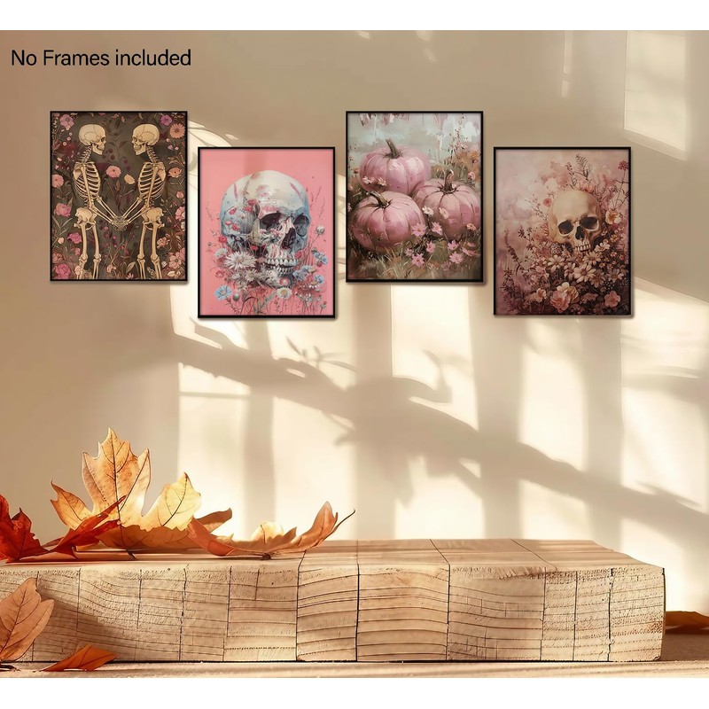 Pink Halloween Gothic Skull Wall Decor, 8x10 Set of 4