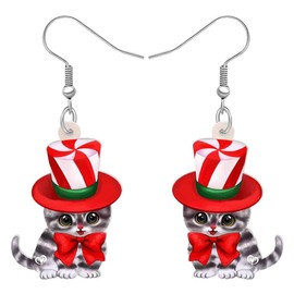 RAIDIN Acrylic Cute Christmas Cat Earrings Gifts for Girls Kids Pets Lovers Anime Kitten Dangle Hook Earrings Jewelry for Women Holiday Party Decorations (Black)