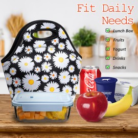 YOUBDM Neoprene Lunch Bags Thermal Insulated Lunch Tote Bag Reusable Washable Neoprene Picnic Bag for Women Men Girls (Daisy Flowers)