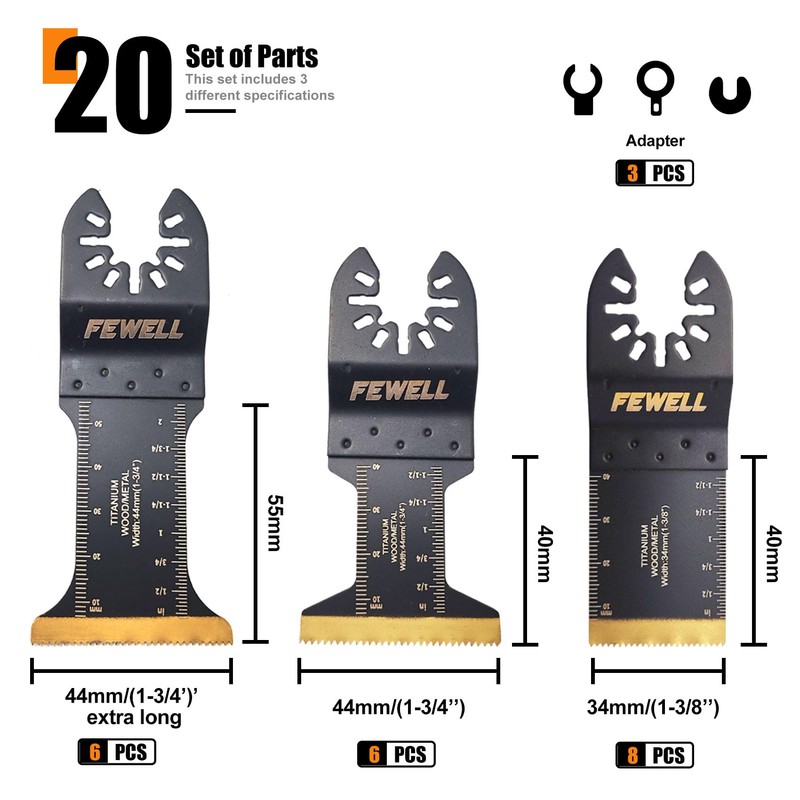 FEWELL 20PCS Titanium Oscillating Saw Blades, Universal Multitool Blades for