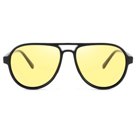 YuJian Retro Square Aviator Sunglasses Womens Mens 70s Retro Trendy Double Bridge Sun Glasse YJ3025, Black/Yellow Tint