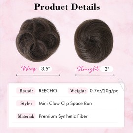 REECHO 2 PCS Mini Claw Clip in Messy & Cat Ears Hair Bun Extensions HB001 Wig Accessory Updo Hairpieces for Women Girls (Pack of 2-3" Straight, Warm Light Brown)