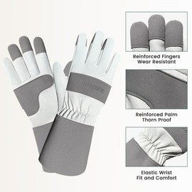 KKOYING Gardening Gloves, Long Thorn Proof Garden Gloves for Women and Men, Goatskin Breathable Leather Work Gloves for Gardening, Pruning, Yard Work, Grey, L