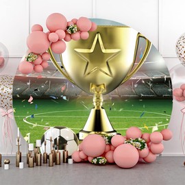 Laeacco 7.2x7.2ft Trophy Football Champion Round Backdrop Soccer Sports Stadium Championship Awards Circle Backdrop Grass Field Confetti Photo Backdrop for Boys Men Birthday Party Portrait Photo Prop