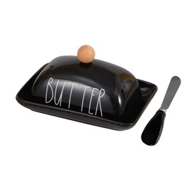 oskas Farmhouse Porcelain Black Butter Dish with Lid and Knife for Countertop