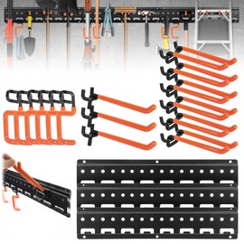 Garden Tool Organizer, 48inch Garage Storage Wall Mount & Yard Shed Rack Holder System with 3 Style Adjustable Hooks and Pegboard for Hanging Broom Mop, 550lbs Capacity
