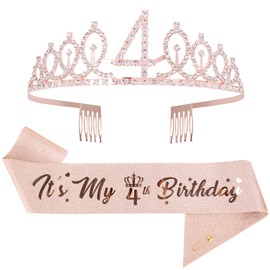 Mikccer Rose Gold 4th Birthday Sash and 4 Birthday Tiara, Rhinestone Crown Headband for 4th Birthday Gifts, 4th Birthday Decoration Party Accessories for Girls