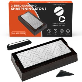 Diamond Sharpening Stone, Sharpening Stone with 2-Sided 400/1000, Diamond Plate Honing Stone with 3 Universal Angles 14°/17°/20°, Sharpening Stones for Knives, Angle Guide & Base, Silver