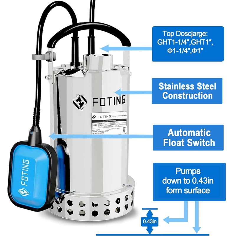 FOTING Full 304 Stainless Steel Sump Pump with Float Switch