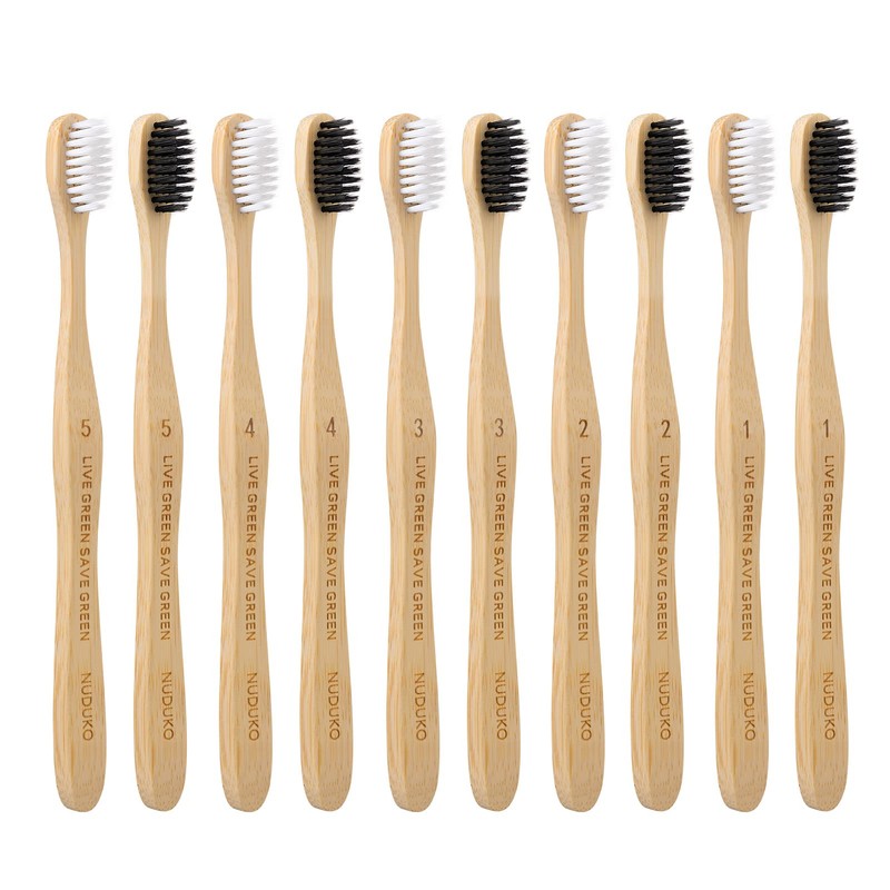 NUDUKO Toothbrush 10 Pack Bamboo Toothbrushes - Eco-Friendly Natural Wooden
