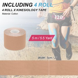 PATIKIL 5.5 Yard x 2 Inch Kinesiology Tape, 4 Roll Adhesive Cotton Sports Muscle Support Tapes Waterproof Elastic Tape for Knee Ankle Wrist Shoulder, Skin Color