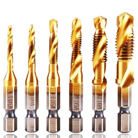 Metric Tap and Drill Bit Set Combination Drill and Tap Bit, 6 PCS HSS Titanium Coated Twist Drill Tap Combination Bit Set Metric Drill Bits with 1/4” Hex Shank Spiral Flute, M3-M10