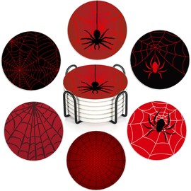 Red Spider Set of 6 Coasters Absorbent Ceramic Drink Mats with Cork Base & Metal Holder, Spill Protectors for Mugs/Cups, Cheerful Home/Bar Decor