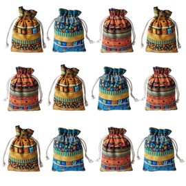 Gold Fortune 12PCS Egyptian Style Jewelry Coin Pouches Aztec Print Cotton Drawstring Gift Bags