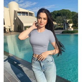 OQQ Womens 2 Piece Shirts Short Sleeve Crew Neck Ruched Stretch Fitted Tee Shirts Crop Tops Black Grey