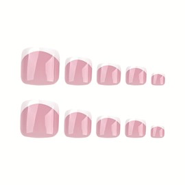 White French Tip Press on Toenails Short Square Toenail Press ons Pink False Toenails with Designs Glossy Acrylic Glue on Toenails Ombre Fake Toenails Tip Summer Charm Stick on Toe Nails for Women