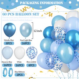 60pack 12Inch Pastel Metallic Blue White Balloons Set, Thick Latex Party Balloons for Graduation, Baby Shower, Space Boys Birthday Party Decorations