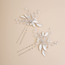 BERYUAN Women Pearl Leaves Hair Pin Hair Clip Bridal Hair Accessory Headpiece for Bride Bridesmaid Girls(2pcs） (SILVER)