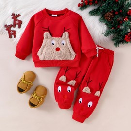 MAHUAOYIXI Christmas Costume Suit My First Christmas Outfit 0-4 Years Toddler Infant Boys Girls Costume Christmas Clothes Set Long Sleeve Embroidery Sweatshirt Pullover Long Pants (Red, 6-12 Months)