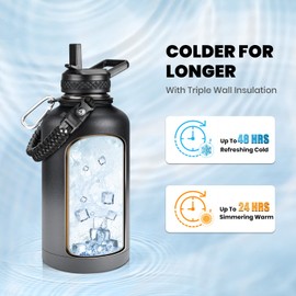 RAYMYLO Insulated Water Bottle 64 oz, Triple Wall Vacuum Stainless Steel (Cold for 48 Hrs), Leak Proof & BPA-Free, Half Gallon Water Flask Jug with Paracord Handle & Straw Spout Lids, Dark Gray