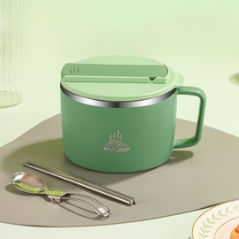Ramen Noodles Bowl,Stainless Steel Noodle Bowl with Chopsticks and Spork 1200ml 304 Stainless Steel Portable Ramen Cooker Bowl with Lid for Office(Green)