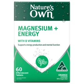 Nature's Own Magnesium + Energy Tablets 60 - w/ B Vitamins, Caffeine; for Energy Production, Mental & Nervous System Function, Maintains healthy Immune System function - Effervescent Orange Flavour