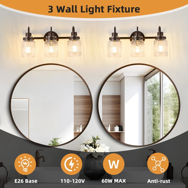 AMRUIPO 3 Lights Bathroom Vanity Light, Oil Rubbed Bronze Bathroom