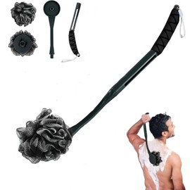 Loofah with Handle, 20.5'' Replaceable Shower Loofah to Improve Skin Health, Body Scrubber, for Women and Men with String for Easy Hanging（Dark Black）