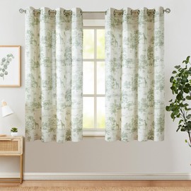jinchan Linen Toile Curtains 63 Inches Long for Living Room Toile de Jouy Floral Curtains French Country Farmhouse Curtain Light Filtering Window Drapes 2 Panels Green on Beige