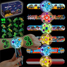 144PCS Monster Truck Party Favors for Kids, 96 Glow Tattoos Pre-cut + 24 Slap Bracelets + 24 Light Up Spinning Toys, Birthday Goodie Bag Stuffers, Stocking Stuffers, Glow in The Dark Supplies