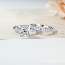 Engagement Rings For Women Wedding Rings Fake Engagement Ring Set Promise Rings For Her 2 Carat 2CT Radiant Cubic Zirconia CZ Bridal Ring Sets Wedding Rings Cheap Band 2pcs, Size 7
