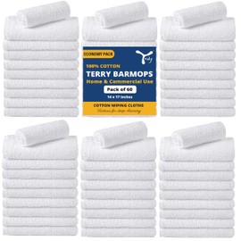 YRALY Terry Bar Mop Towels (Pack of 60) – Absorbent and Quick Drying Commercial-Grade Cotton Cleaning Towels, Cleaning Rags for Kitchen, Bar – Reusable Shop Rags 14”x17” White