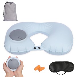 Nicola Inflatable Travel Pillow for Airplane, Ice Silk Inflatable Neck Pillow for Travel Sleeping, Inflatable U Shape Pillow with Pressing Inflation Pump Suitable for Office Napping Plane Car (Blue)